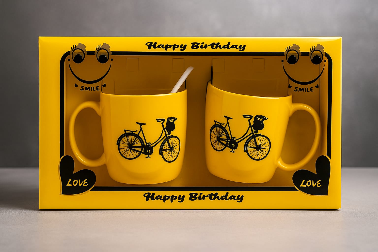 হ্যাপি বার্থডে স্মাইল মগ গিফট সেট – ইয়েলো সিরামিক কাপল মগ বাইসাইকেল ডিজাইনে – জন্মদিনের উপহার