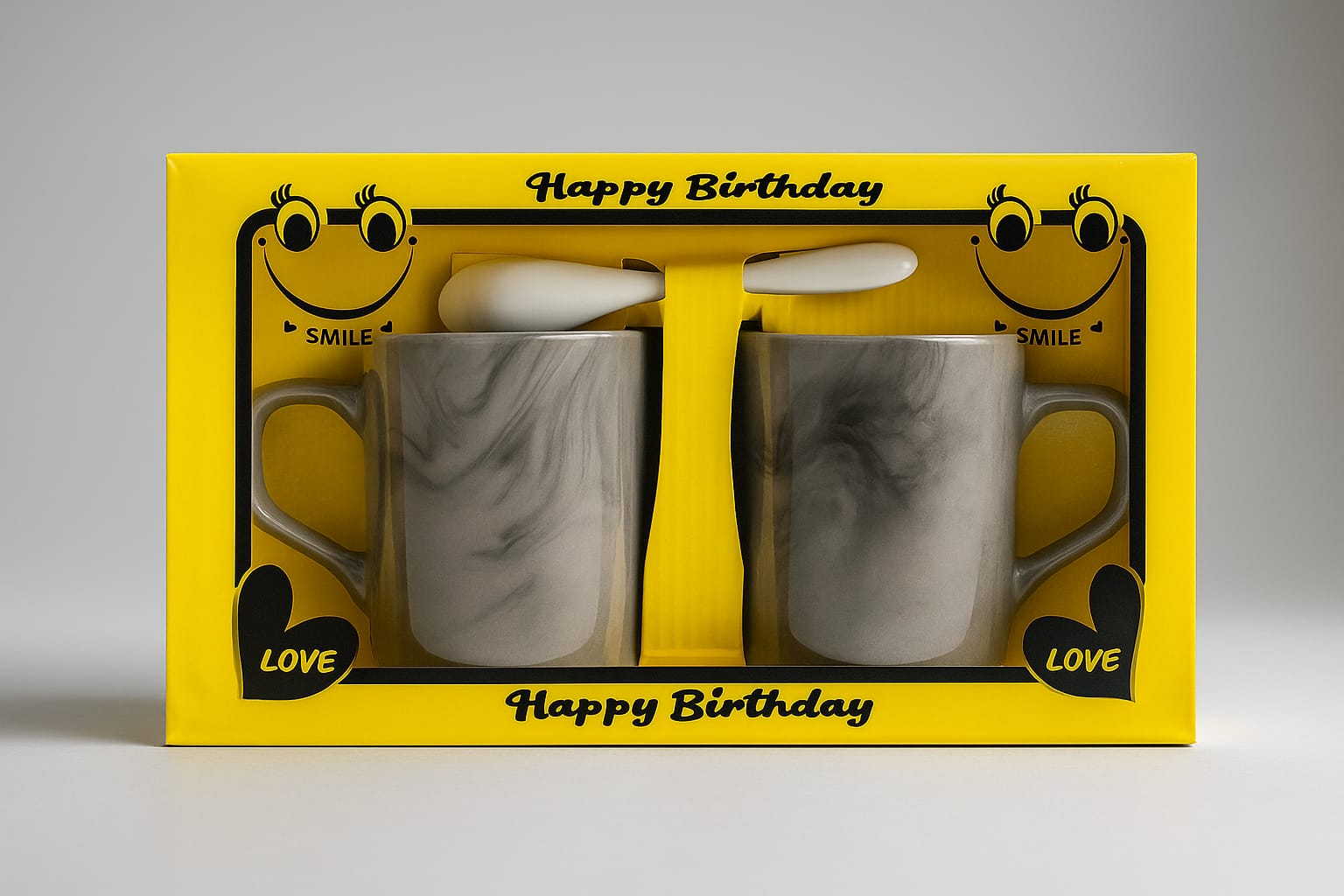 “Happy Birthday Mug Gift Set – Romantic Marble Design Cup with Spoon”
